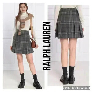 NEW‎ LAUREN RALPH LAUREN Black Label Woolen Pleated Plaid Skirt KATHTINA Size 12